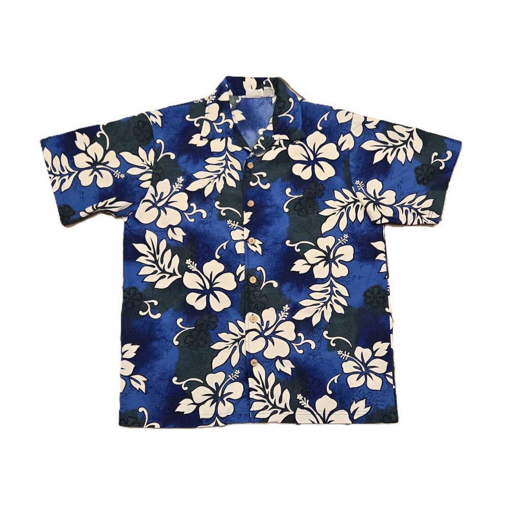 Vintage Anchor Blue Hawaiian Shirt Blue Floral Short Sleeve Button Down Medium